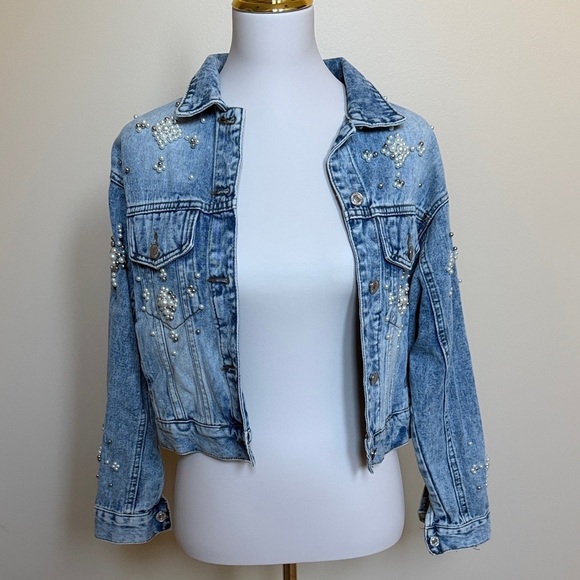 Vervet Jackets & Blazers - Veveret Pearl Studded Denim Jacket Cropped Jean Jacket Embellished Medium Wash